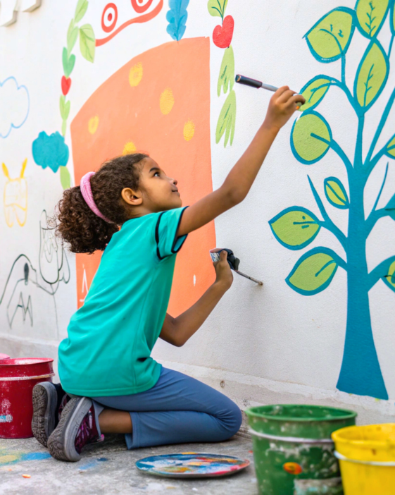 young girl painting a tree on a wall at community event
